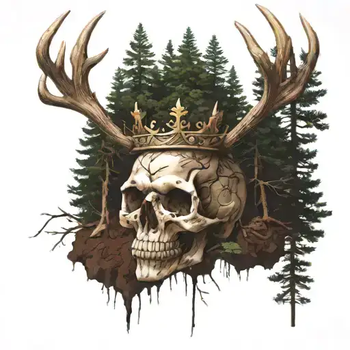 Skull Buried In Dirt In A Forest of pine trees with a crown made from deer  antlers tattoo design idea