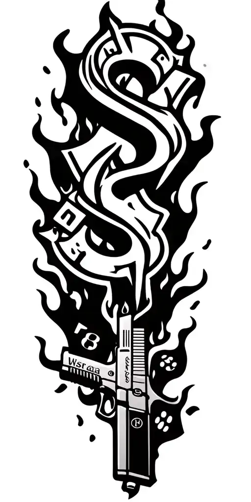 Candle, dollar sign, glock pistol, fire, dices, 'B4L' text gangster font, dice in fire, smoke tattoo design idea