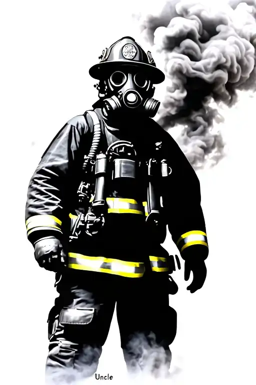 Black silhouette of firefighter in gas mask standing in smoke. Subtle handwritten ‘Uncle Don’ in or below smoke.  tattoo design idea