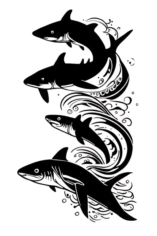 fore arm tattoo black ink Polynesian style: first band black tip reef shark and whale silluetes, than a band with waves, tattoo design idea