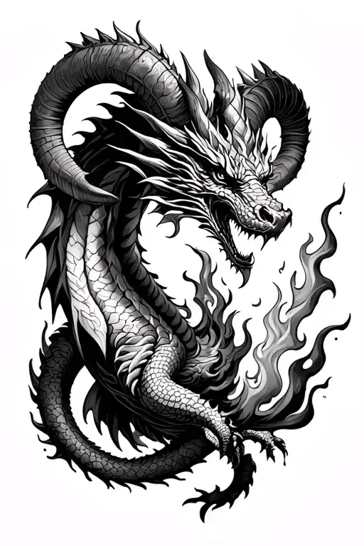 dragon with ram horns breathing fire tattoo design idea
