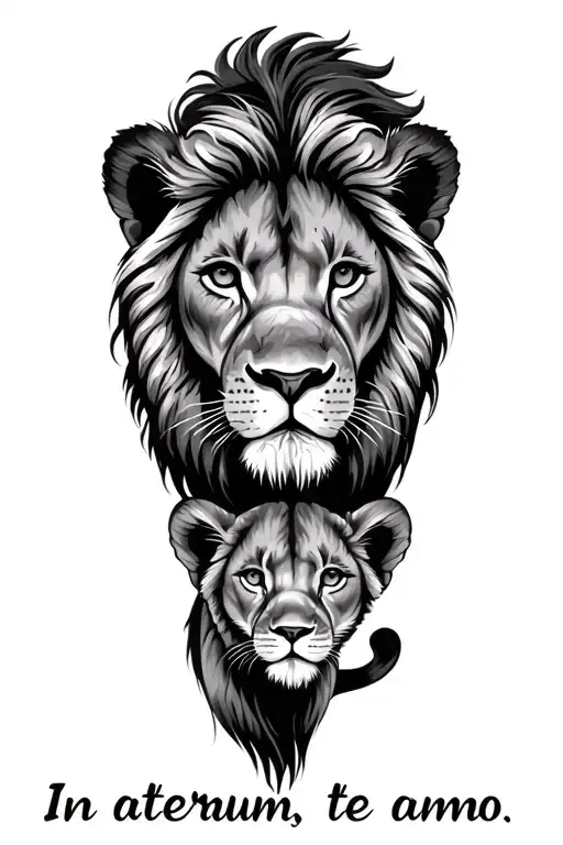 "In aeternum, te amo" "In aeternum, te amo" lion with 2 playful cubs face only tattoo design idea