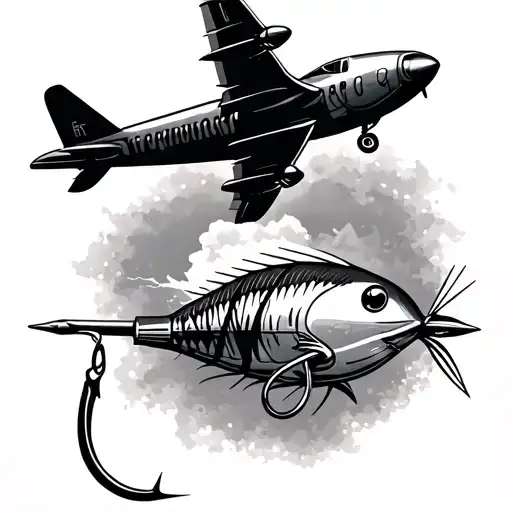 Feminine sewing needle and fishing hook with airplane tattoo design idea