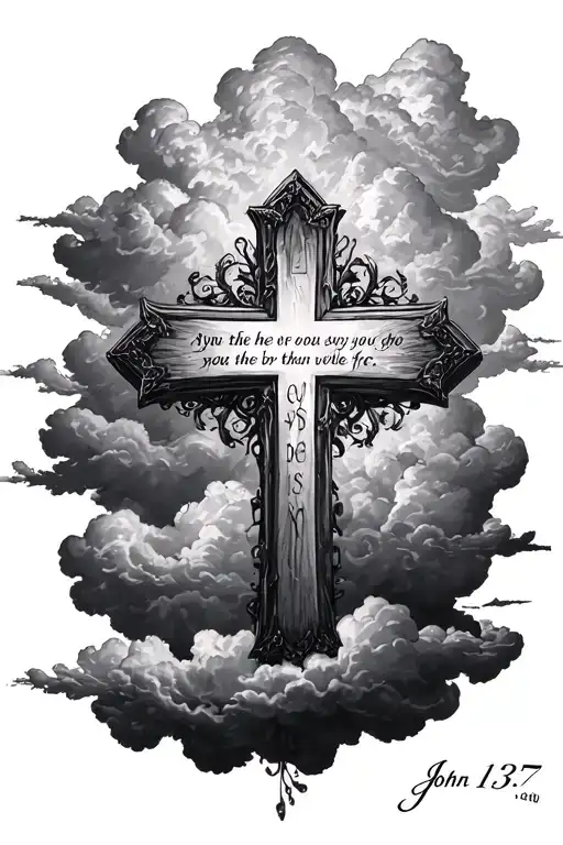 Clouds and Cross with bible verse john 13:7 verse tattoo tattoo design idea