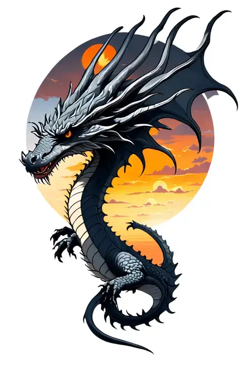 black and gray Dragon with sunset sky tattoo design idea