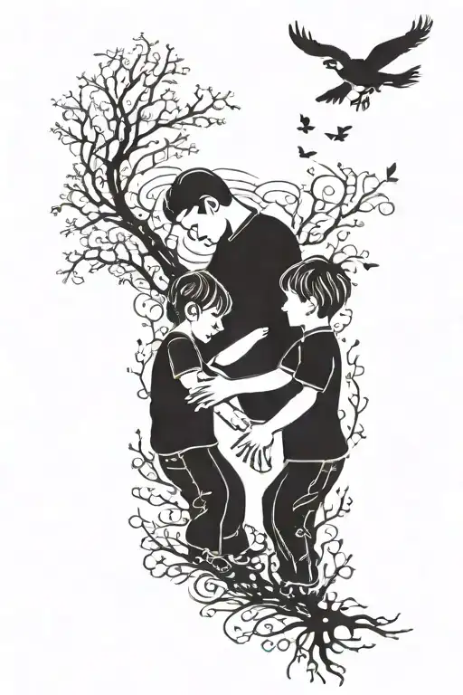 silhouette of dad holding hands with twin boys. Put their birthdate of 2/15/24 underneath. tattoo design idea