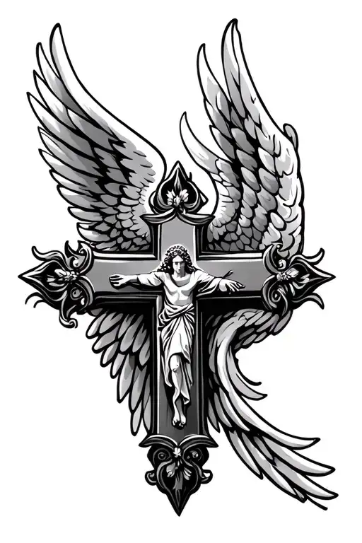 christian cross with angel wings tattoo design idea