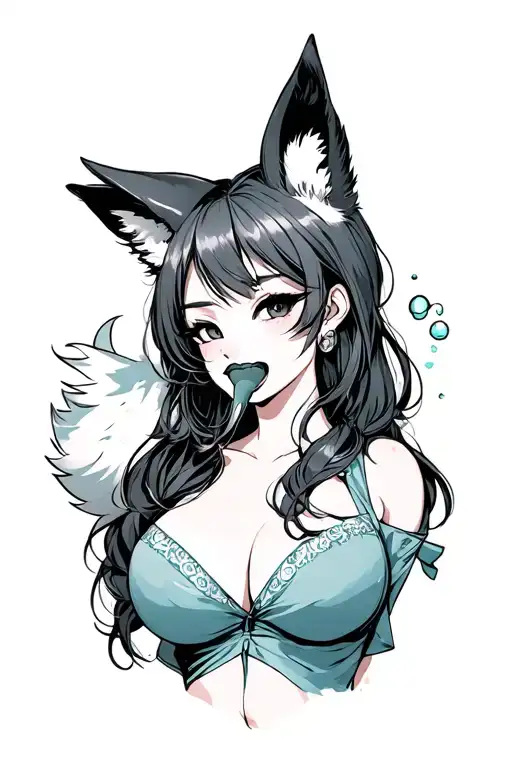 Girl with a fox's ears licks with big breasts tattoo design idea