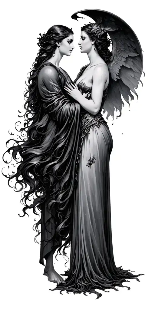 hades and persephone reaching towards each other tattoo design idea