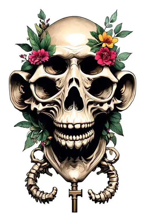 Skeleton Key + 3 wise monkeys skulls surrounded tattoo design idea