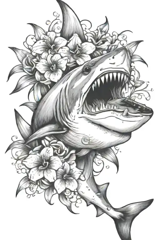 shark with black orchid flowers tattoo design idea