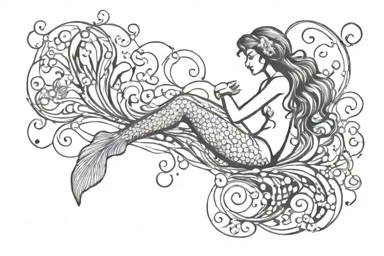 sitting mermaid with jellyfish floating tattoo design idea