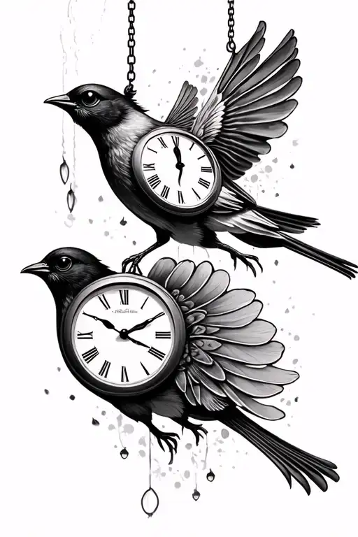 2 clocks hanging from fantail bird tattoo design idea