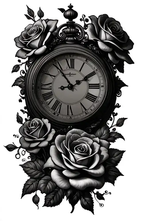 Alice and wonderland clock with roses tattoo design idea