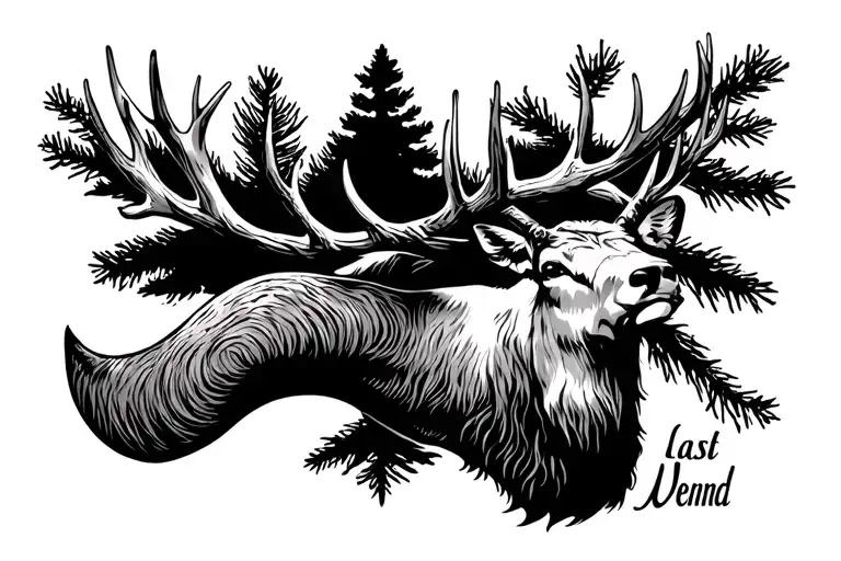 Last name Horn with elk sheds and pine tree branch tattoo design idea