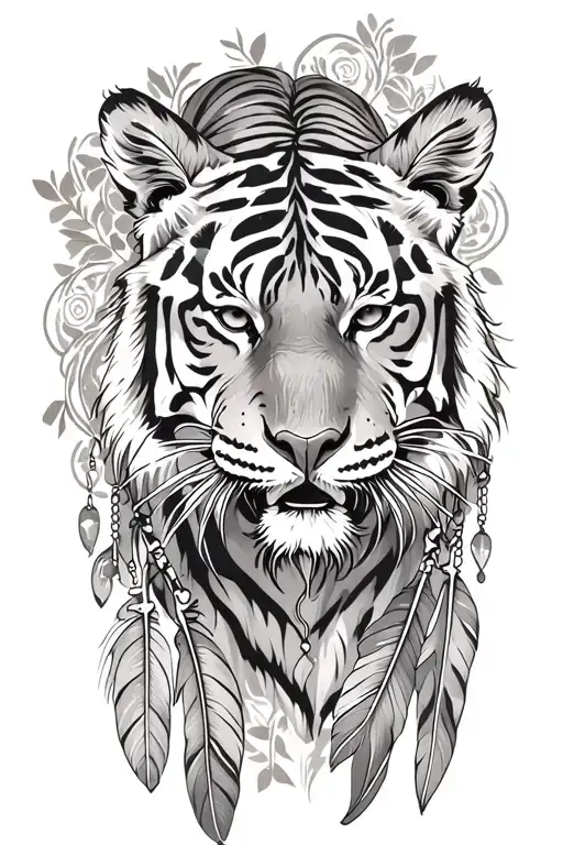 tiger with feathers dangling tattoo design idea
