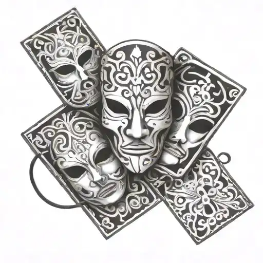 three similar simple masks that might be used in a drama or to hide one's identity stacked like handful of cards  tattoo design idea