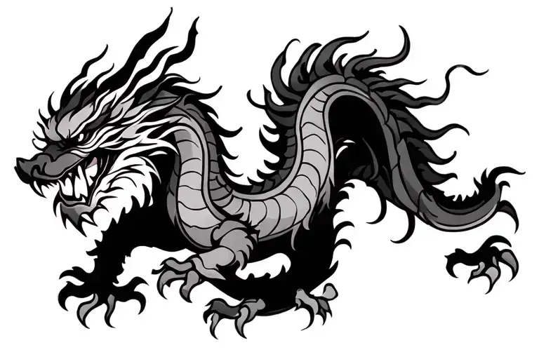 single head traditional Japanese dragon without wings black and grey full length design tattoo design idea