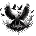 phoenix rising from the ashes chains and fire with six birds flying free  tattoo design idea