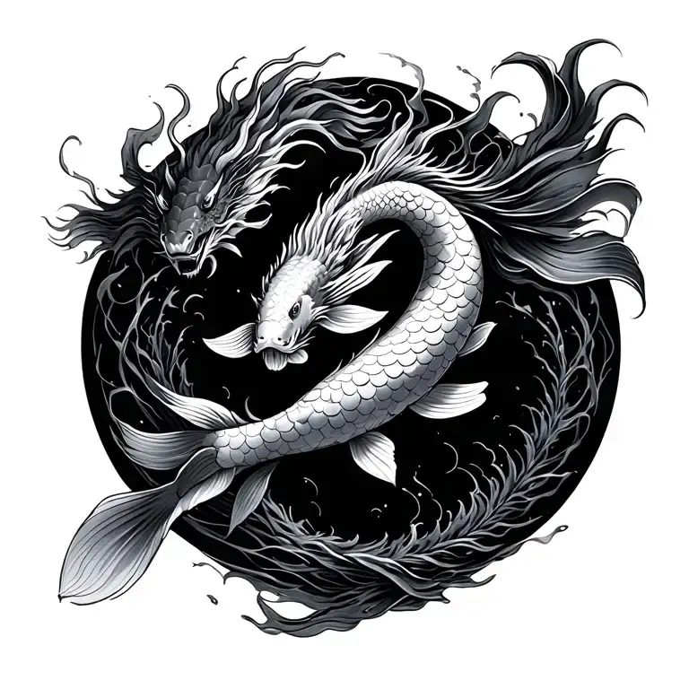 Koi fish mid-transformation into dragon, scales gradually changing from koi to dragon as it swims upward, glowing light  tattoo design idea