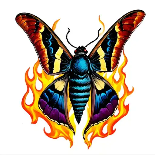  moth with sleep token mask colors, surrounded by flames  tattoo design idea