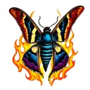  moth with sleep token mask colors, surrounded by flames  tattoo design idea