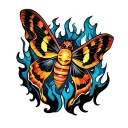  moth with sleep token mask colors, surrounded by flames  tattoo design idea