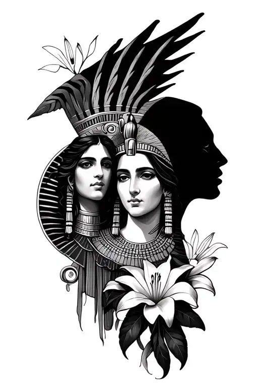 Greek god Helios and Egyptian goddess Isis with lily flower tattoo design idea