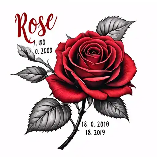 one red rose with the name "Rose" and the dates "11-01-2000" and "18-03-2019" tattoo design idea