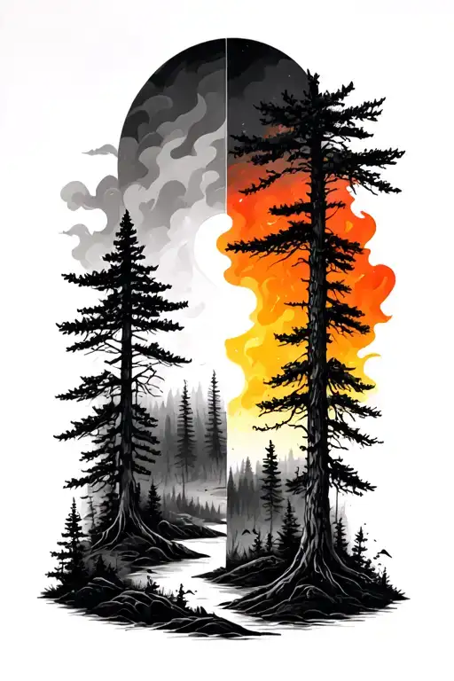 forest scene half black grey burned other half color and full of life full back tattoo tattoo design idea