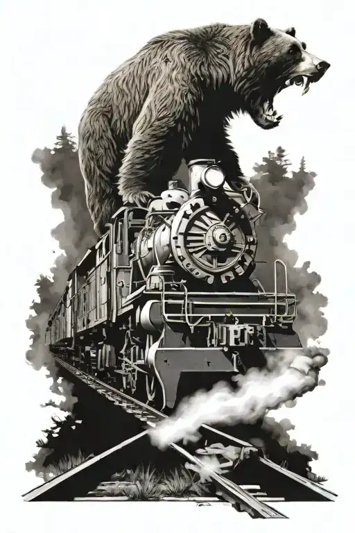 grizzly bear mauling a train on tracks tattoo design idea