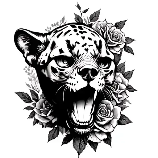 black panter and skull and roses tattoo design idea