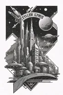 A futuristic space cityscape with a banner that reads 'Tyler Jones, my shining star tattoo design idea