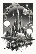 A futuristic space cityscape with a banner that reads 'Tyler Jones, my shining star tattoo design idea