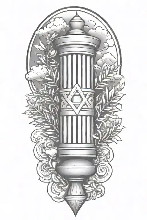 jewish pillar of fire and pillar of cloud background, front is olive branches and torah scroll tattoo design idea
