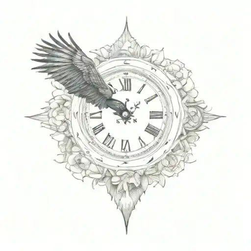 a crow and a clock with a human eye in the center of the clock. include nature details. non color tat tattoo design idea