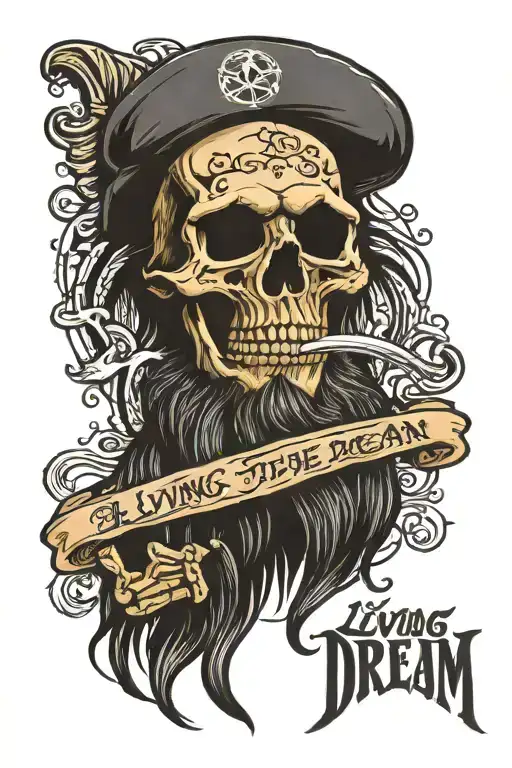 bearded skeleton making Shaka hand bone with the phrase 'living the dream' written on a banner below in elegant script tattoo design idea