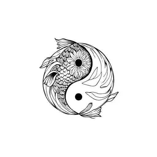 yin yang symbol style with half koi fish and the other half the lotus tile from avatar the last airbender with only outl tattoo design idea