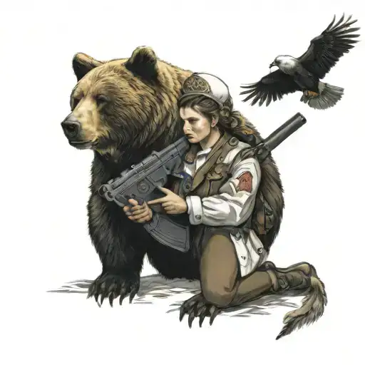 russian lady and bear with a eagle holding a gun with a bible tattoo design idea