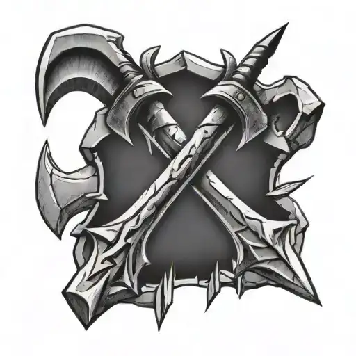 Tattoo design, crossed pickaxes with the phrase "rock and stone"  tattoo design idea