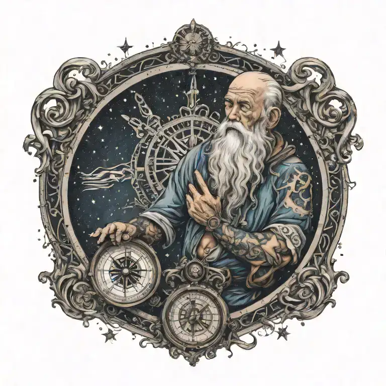 Father Time with tattoos, crying, holding a nautical compass, starry night background  tattoo design idea