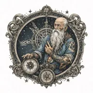 Father Time with tattoos, crying, holding a nautical compass, starry night background  tattoo design idea