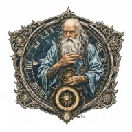 Father Time with tattoos, crying, holding a nautical compass, starry night background  tattoo design idea