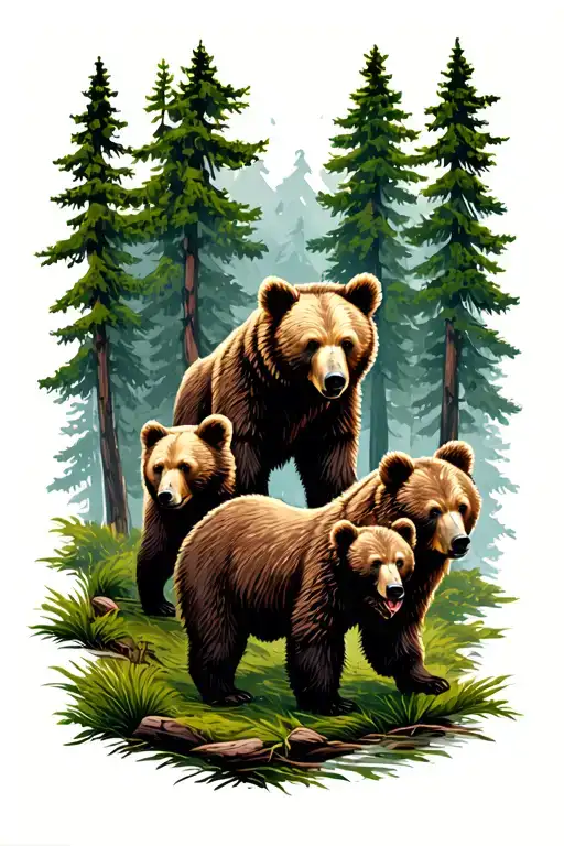 3 bear cubs walking in the forest landscape tattoo design idea