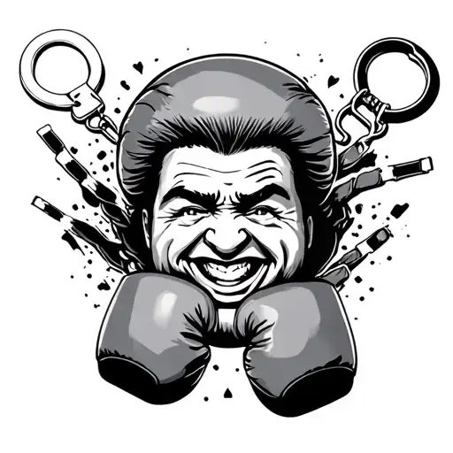 Head come out of the symbol, Kreutz, boxing gloves, a laughing eye, handcuffs tattoo design idea