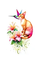 cat and hummingbird in a lili flower garden tattoo design idea