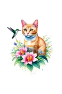 cat and hummingbird in a lili flower garden tattoo design idea