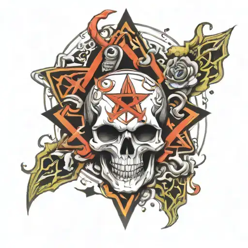 tattoo sleeve evil disign with skulls pentagram and satanic symbols tattoo design idea