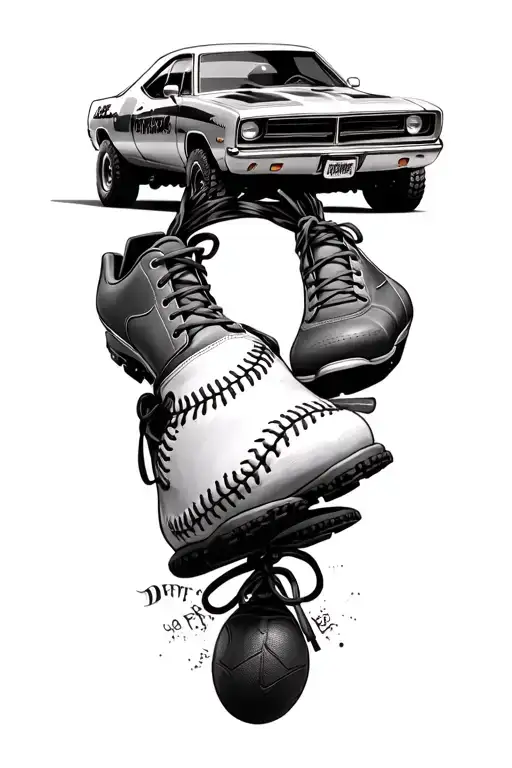 Collage with tonka truck, 2023 dodge charger, jordan football cleats hanging by laces, hot wheels car, and a baseball   tattoo design idea