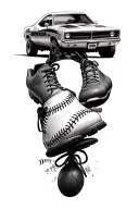 Collage with tonka truck, 2023 dodge charger, jordan football cleats hanging by laces, hot wheels car, and a baseball   tattoo design idea